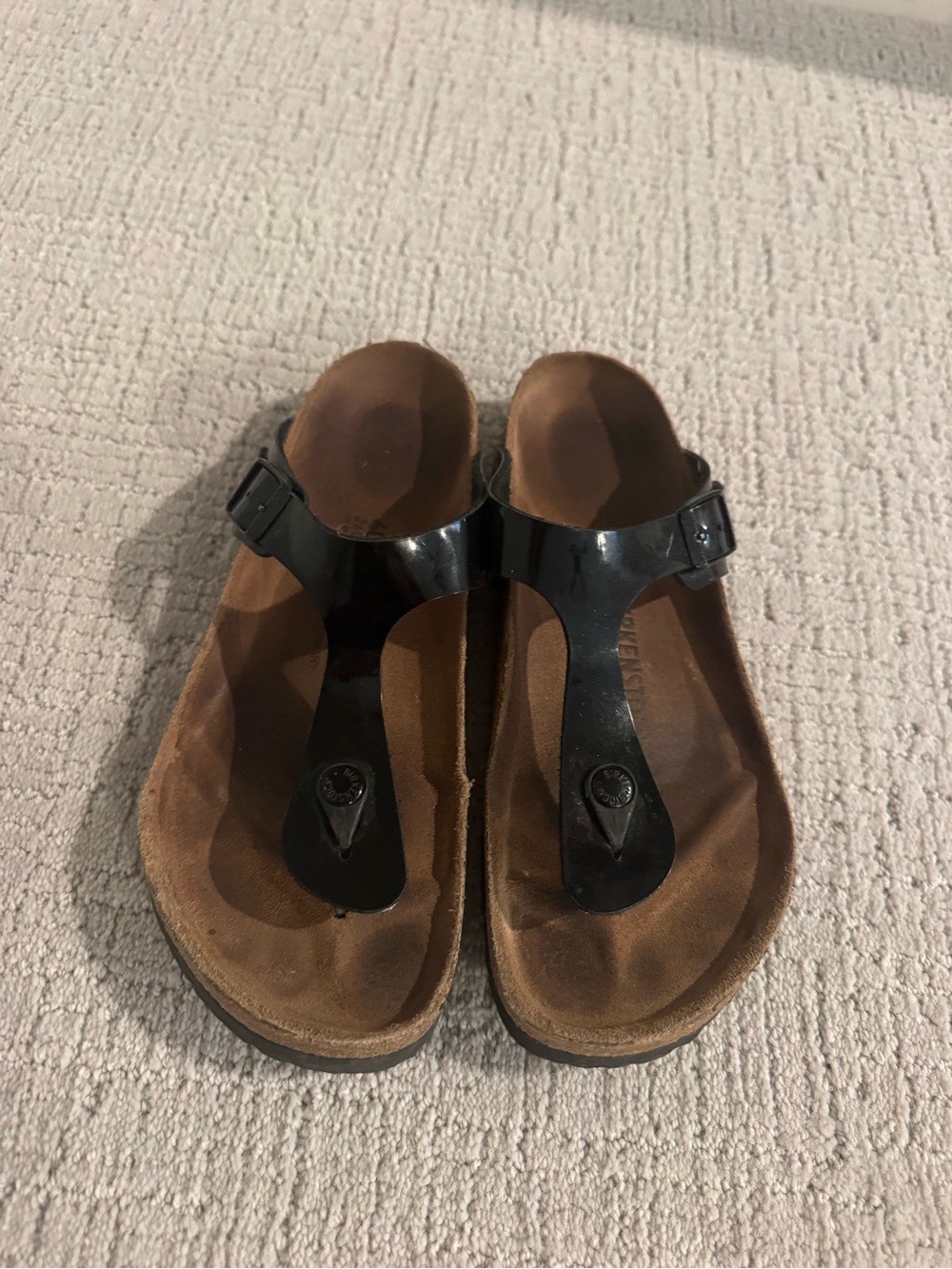 Birkenstock Black Patent Thong Sandals with Brown Footbed